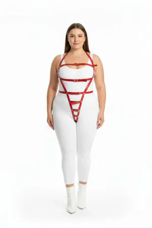 Red Faux Leather Body Harness Women Adjustable Straps Geometric Cage Design