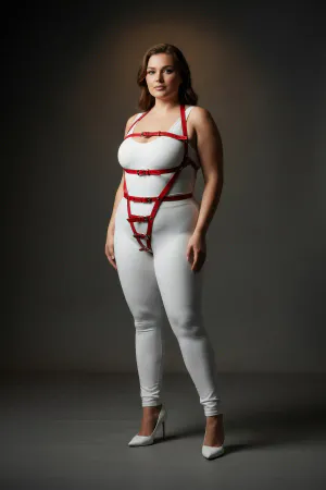 Red Faux Leather Body Harness Women Adjustable Straps Geometric Cage Design