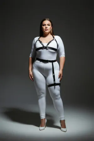 Black Faux Leather Harness Bra and Thigh Garter Set, Plus Size Model