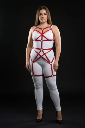 Red Faux Leather Full Body Harness with Adjustable Straps and O-Rings