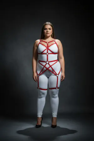Red Faux Leather Full Body Harness with Adjustable Straps and O-Rings