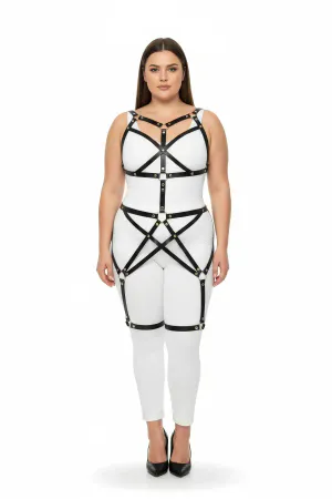 Black faux leather full body harness with strappy cage design on model