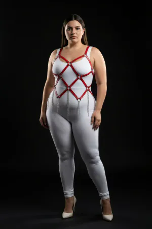 Red Caged Chest Harness Plus Size Vegan Leather with Detachable Silver Chains