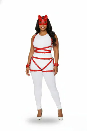 Red Faux Leather Full Body Strap Harness Set worn by a plus-size model on a white background