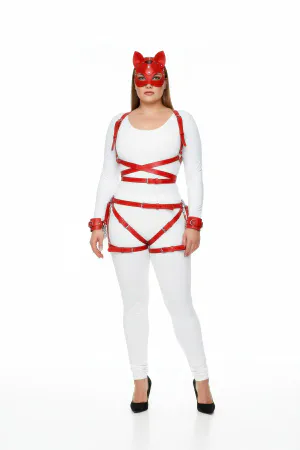 Red Faux Leather Full Body Strap Harness Set worn by a plus-size model on a white background