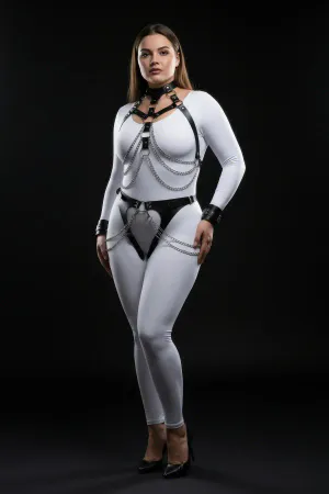 Black Faux Leather Full Body Harness Choker Chains Silver Hardware