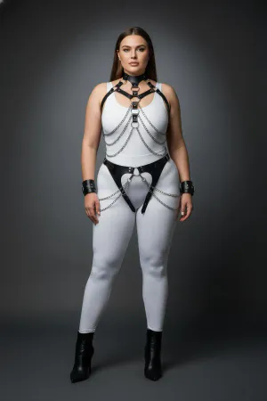 Black Faux Leather Full Body Harness Choker Chains Silver Hardware