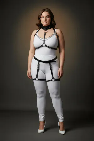 Black Faux Leather Full Body Harness with Choker, Chain, and Thigh Garters