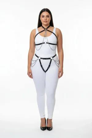 Black Faux Leather Full Body Harness with Chain Accents Adjustable Straps
