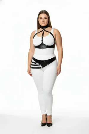 Black Faux Leather Full Body Harness with Diagonal Waist Belt and Studs
