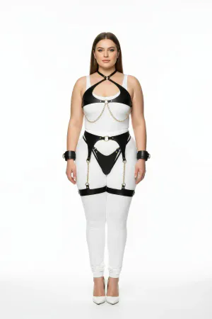 Plus Size Black Faux Leather Chain Harness Set with Garters