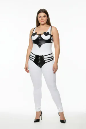 Black Faux Leather Heart Harness Set with Corset Lacing on Plus Size Model