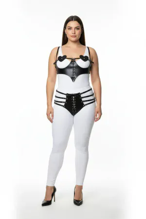 Black Faux Leather Heart Harness Set with Corset Lacing on Plus Size Model