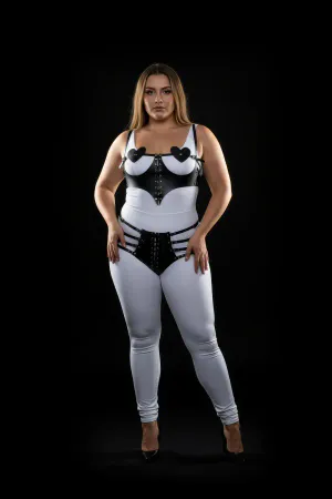Black Faux Leather Heart Harness Set with Corset Lacing on Plus Size Model