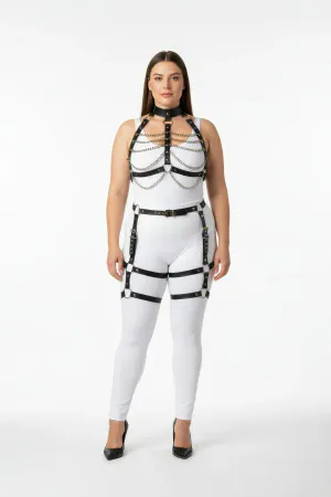 Black Faux Leather Full Body Harness Women with Chest Chains and Thigh Garters