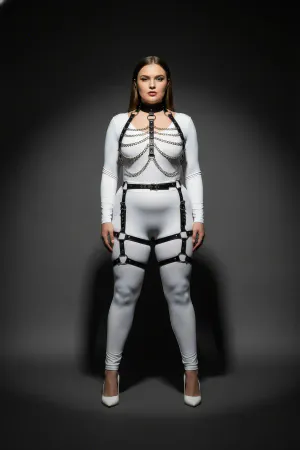 Black Faux Leather Full Body Harness Women with Chest Chains and Thigh Garters