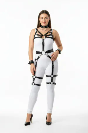 Black Faux Leather Full Body Harness Set with Leg Garters Choker Wrist Cuffs