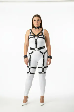 Black Faux Leather Full Body Harness Set with Leg Garters Choker Wrist Cuffs