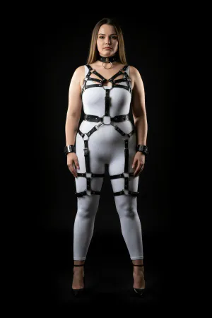 Black Faux Leather Full Body Harness Set with Leg Garters Choker Wrist Cuffs