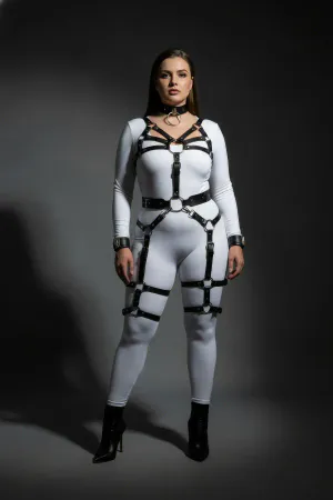 Black Faux Leather Full Body Harness Set with Leg Garters Choker Wrist Cuffs
