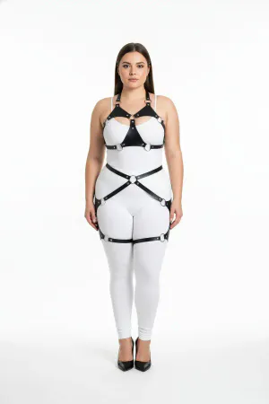 Black Faux Leather Full Body Harness for Women with Silver O-Rings