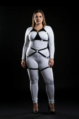 Black Faux Leather Full Body Harness for Women with Silver O-Rings