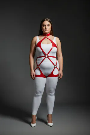 Red Faux Leather Full Body Harness with O-Ring Details and Choker
