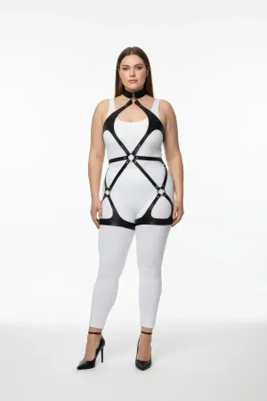 Black Vegan Leather Full Body Harness with Neck Collar and Thigh Straps on Plus Size Model