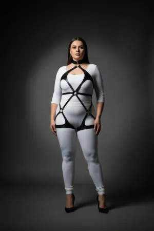 Black Vegan Leather Full Body Harness with Neck Collar and Thigh Straps on Plus Size Model