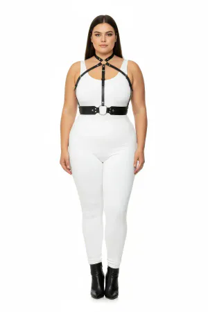 Black Faux Leather Strappy Harness Chest Piece Women Adjustable O-Ring Closure