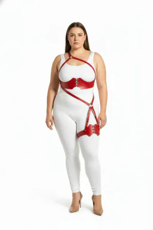 Red vegan leather strappy body harness with O-ring leg detail worn by a model