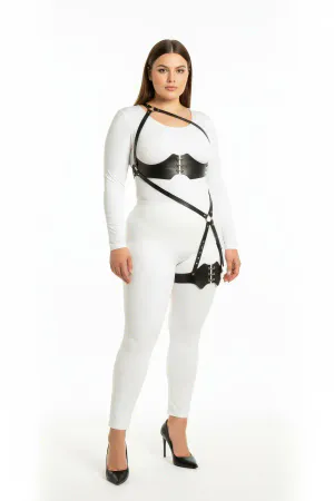 Black Faux Leather Plus Size Corset Body Harness with Thigh Strap