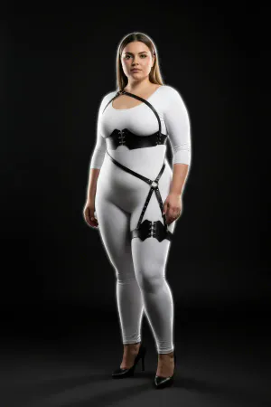 Black Faux Leather Plus Size Corset Body Harness with Thigh Strap