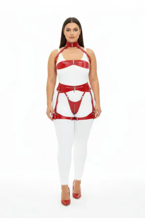 Red Patent Faux Leather Body Harness Garter Set Women Strappy Fashion