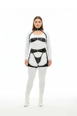 Black Faux Leather Full Body Harness Women Adjustable Straps Glossy Finish