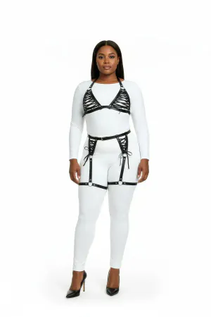Black Lace-Up Faux Leather Body Harness Set Plus Size