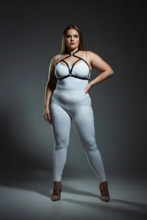 Black faux leather strappy chest harness with O-ring detail worn by a plus-size model