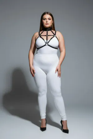 Black vegan leather strappy body harness with integrated choker neck detail