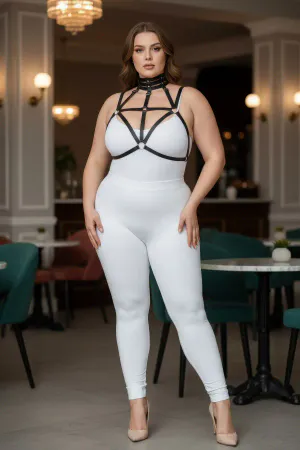 Black vegan leather strappy body harness with integrated choker neck detail