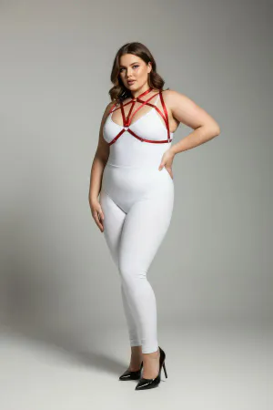 Red faux leather strappy chest harness with O-ring detail worn by a plus-size model