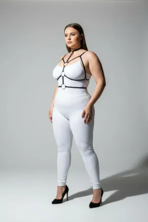 Black Faux Leather Strappy Body Harness with Double O-Ring Detail