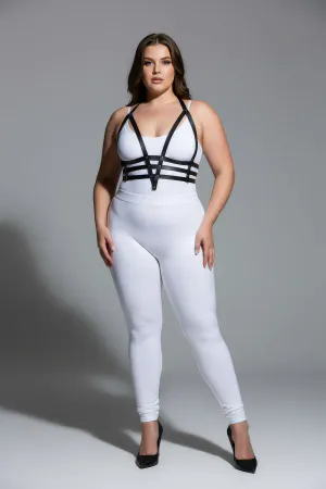 Black vegan leather V-strap body harness on model