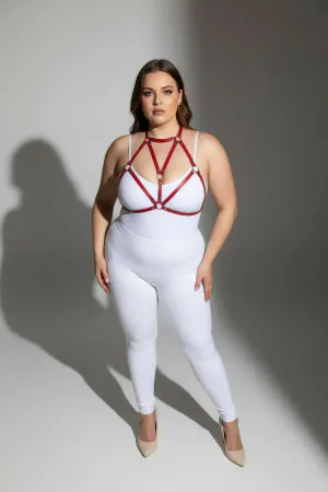 Red faux leather body harness with O-ring detail and adjustable straps