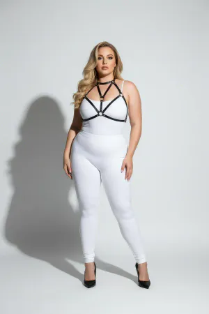 Black faux leather strappy body harness with O-ring detail