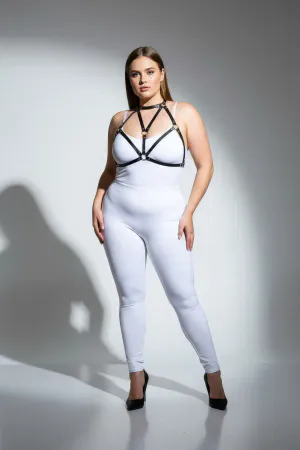 Black faux leather strappy body harness with O-ring detail