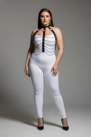 Black faux leather body harness with silver chains, worn by a plus-size model
