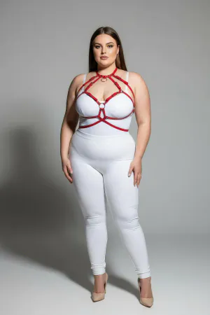 Red Faux Leather Cage Harness Bra Women with Silver O-Ring Details Front View