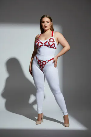 Red Faux Leather Cage Harness Bra and Panty Set with Silver O-Rings Worn on Plus Size Model