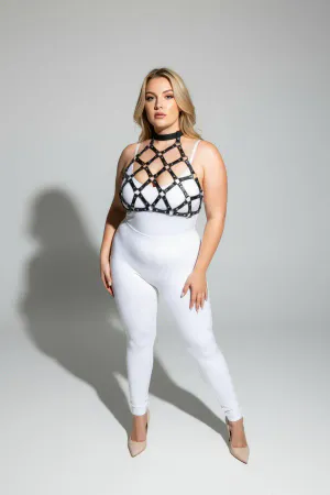 Black vegan leather geometric cage body harness with choker detail
