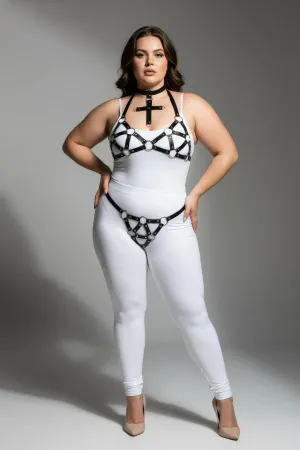 Black Faux Leather Harness Set with Cross Choker and O-Rings